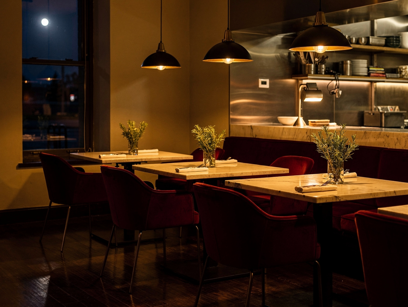 Intimate candlelit dining room at HEARTH with open flame kitchen reflections