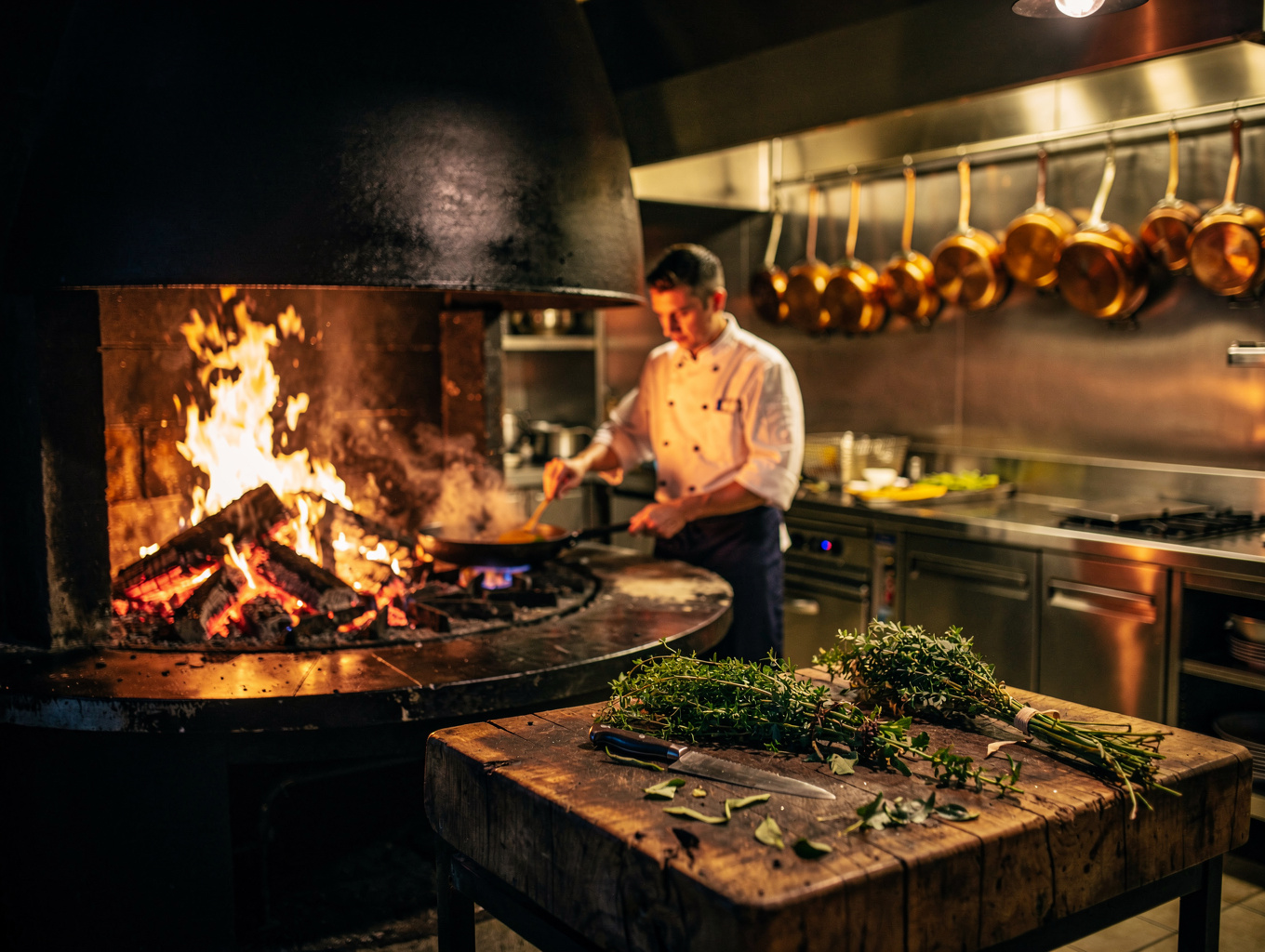 HEARTH kitchen team plating dishes over glowing open coals during evening dinner service