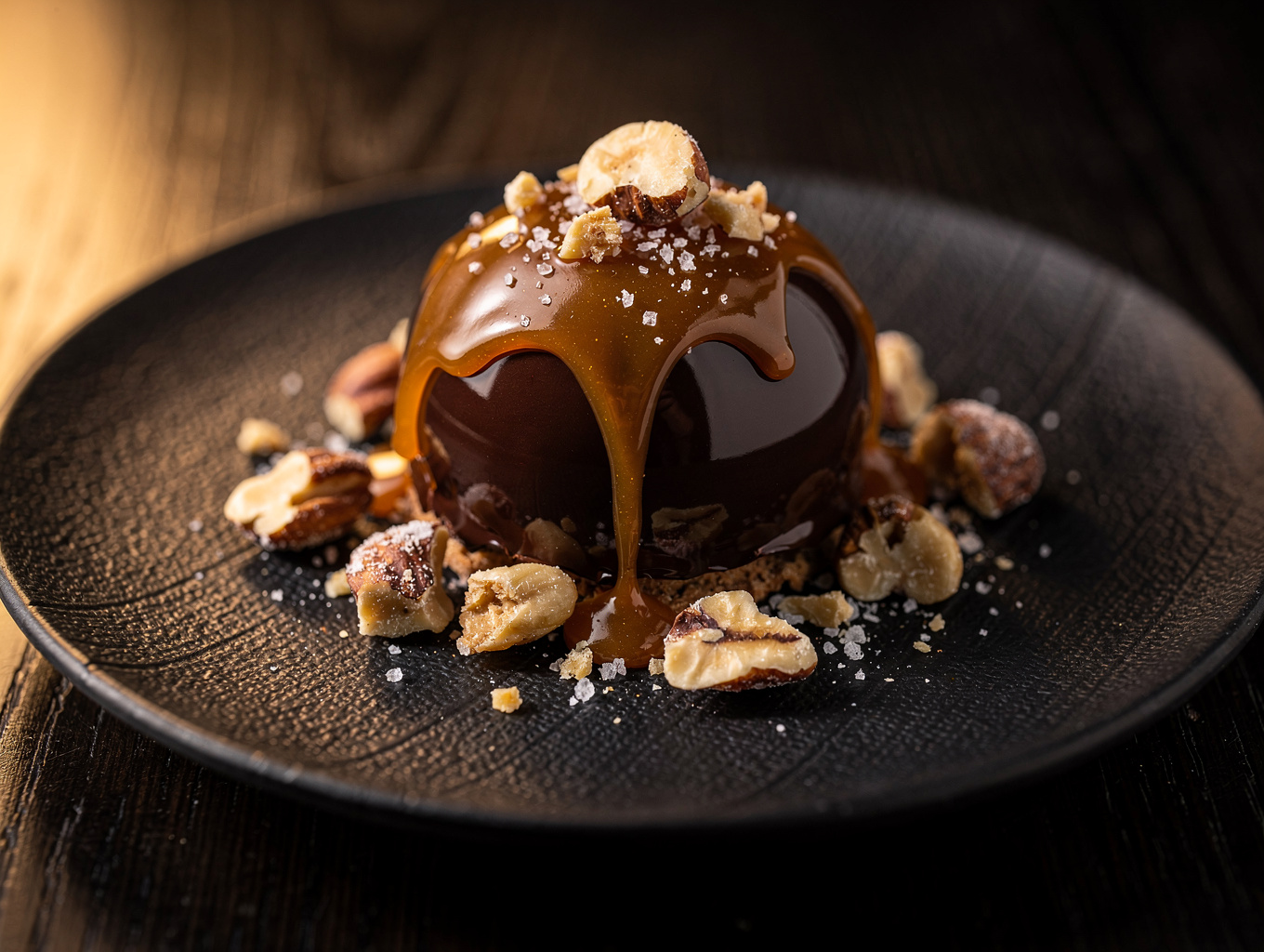 Plated smoked chocolate ganache with marshmallow crema and sea salt