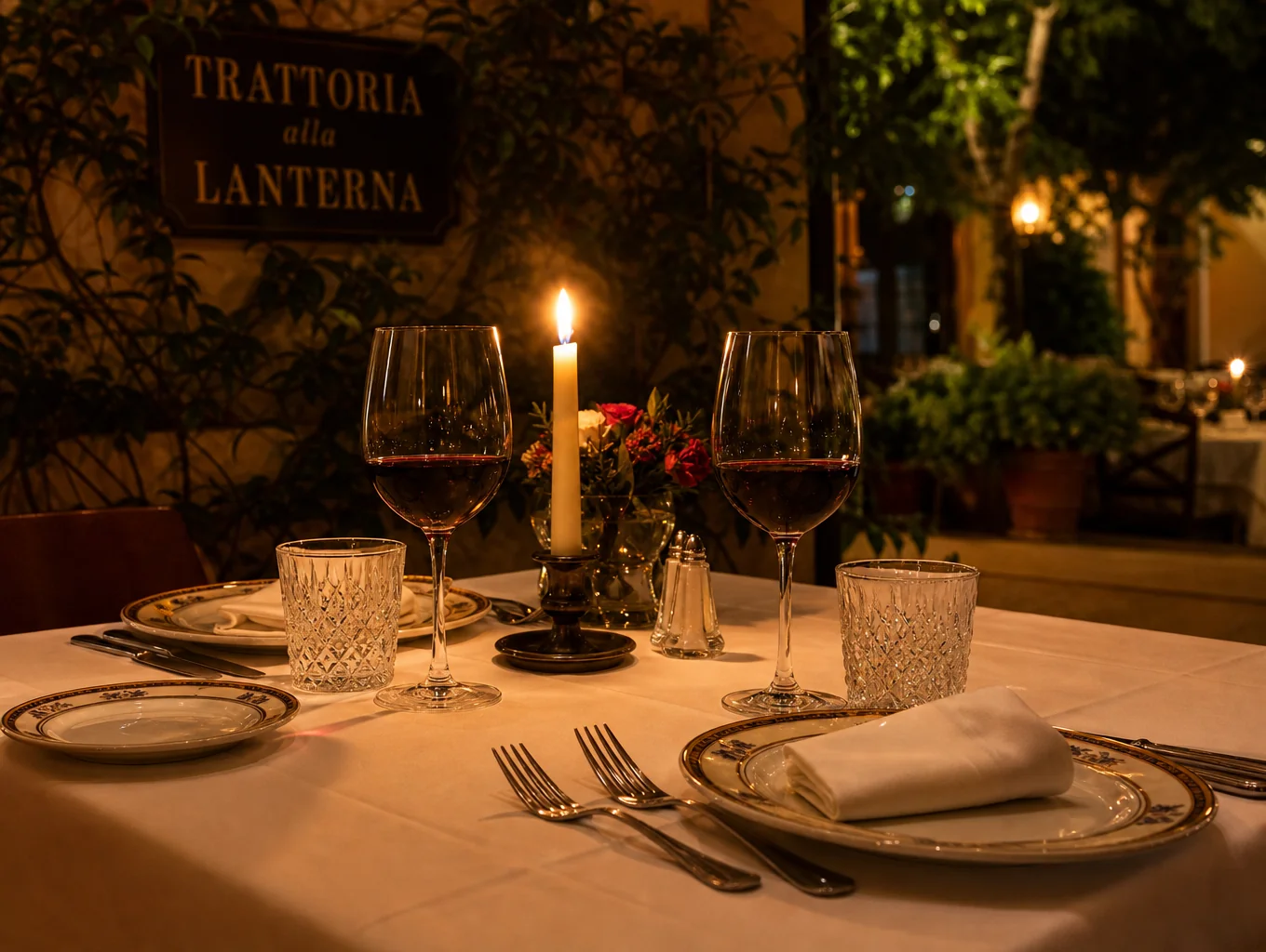 Intimate candlelit dining table set for evening service at HEARTH