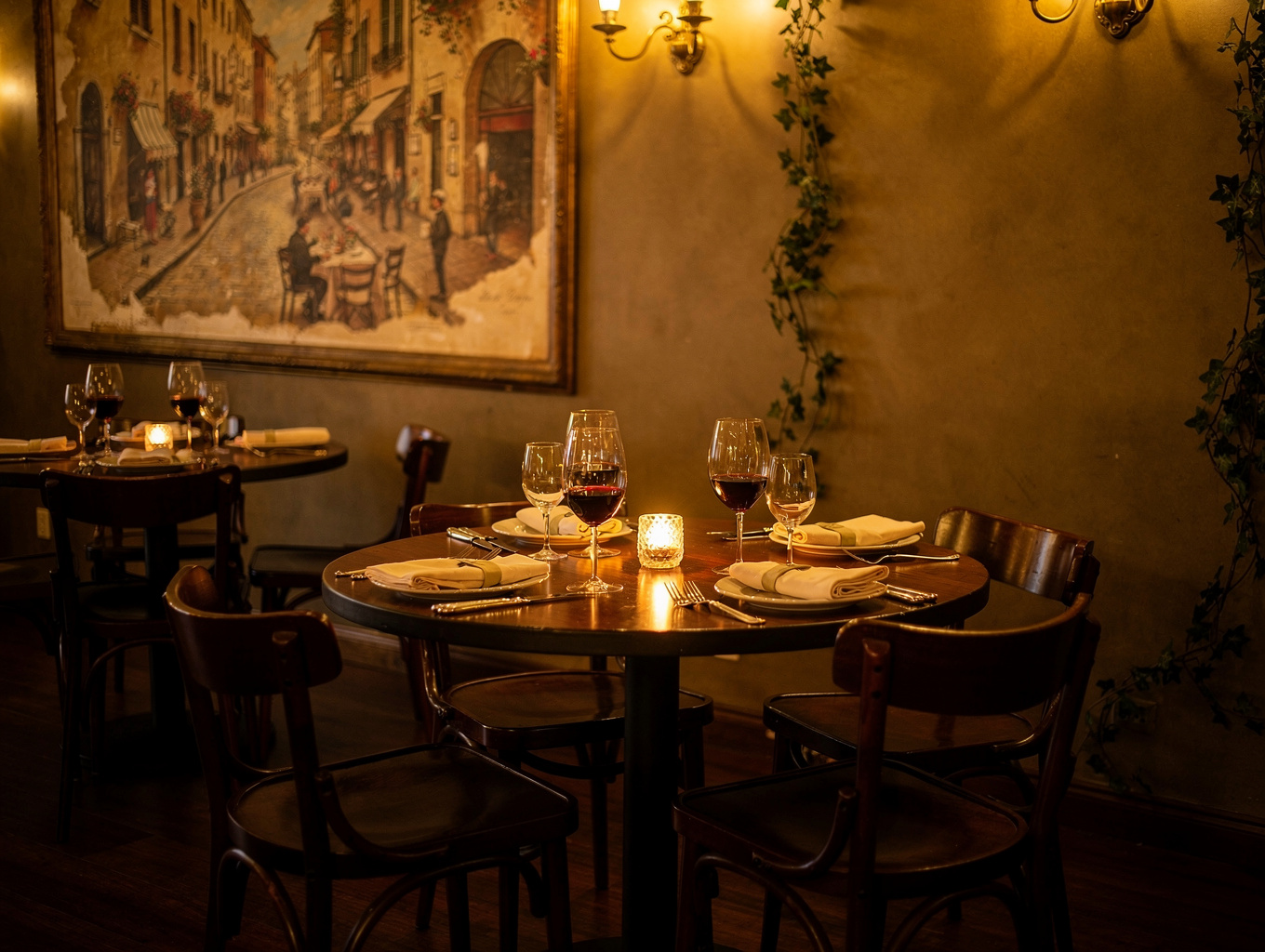 Cheerful guests dining around a warm, candlelit restaurant table
